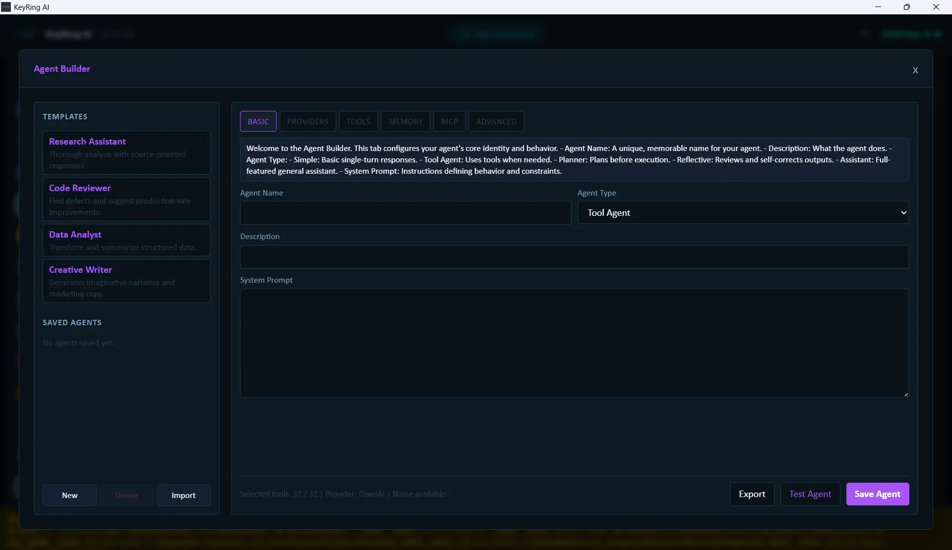 KeyRing AI Agent Builder main workspace