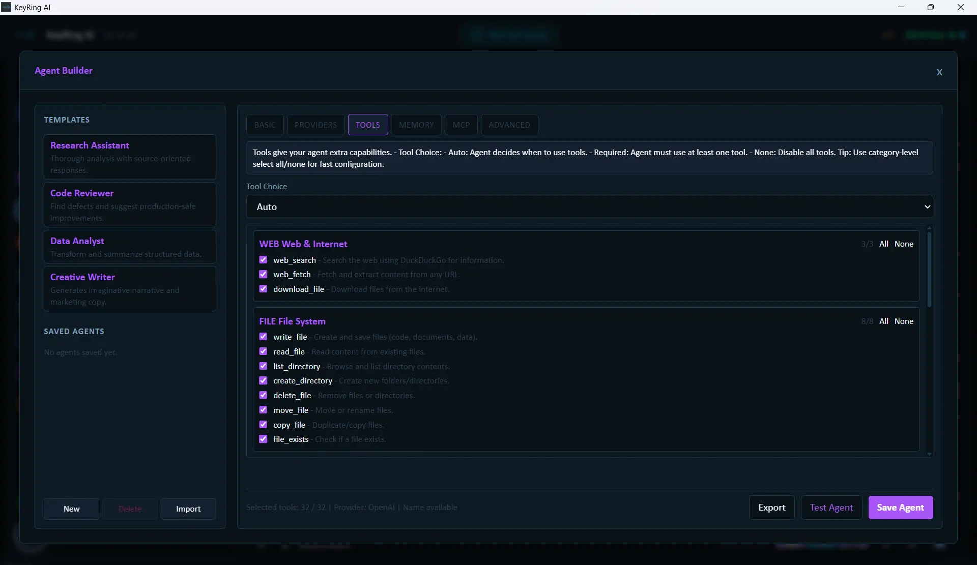 KeyRing AI Agent Builder tools tab showing enabled tool categories and capability toggles.