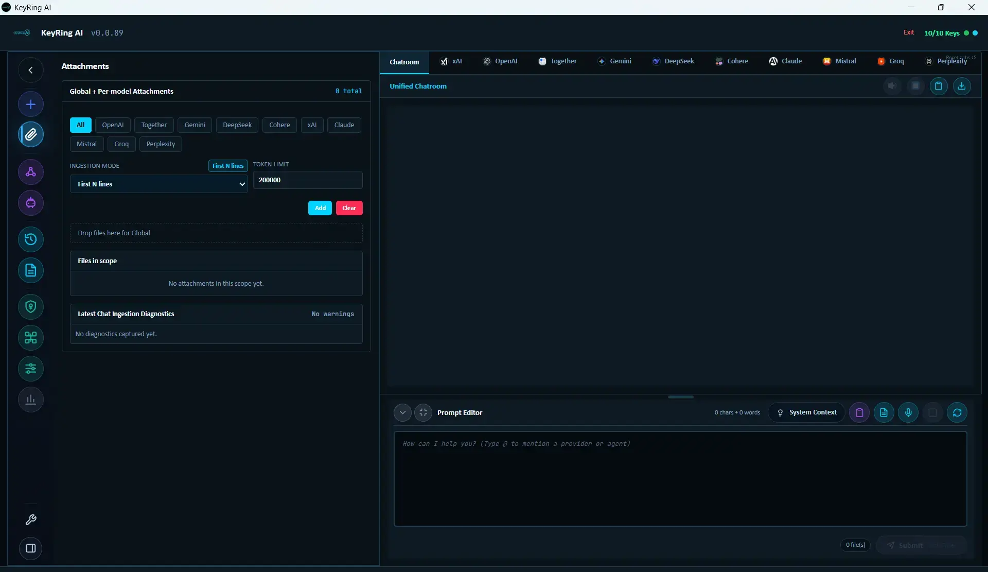 KeyRing AI attachment manager popout with global and per-provider attachment scopes.
