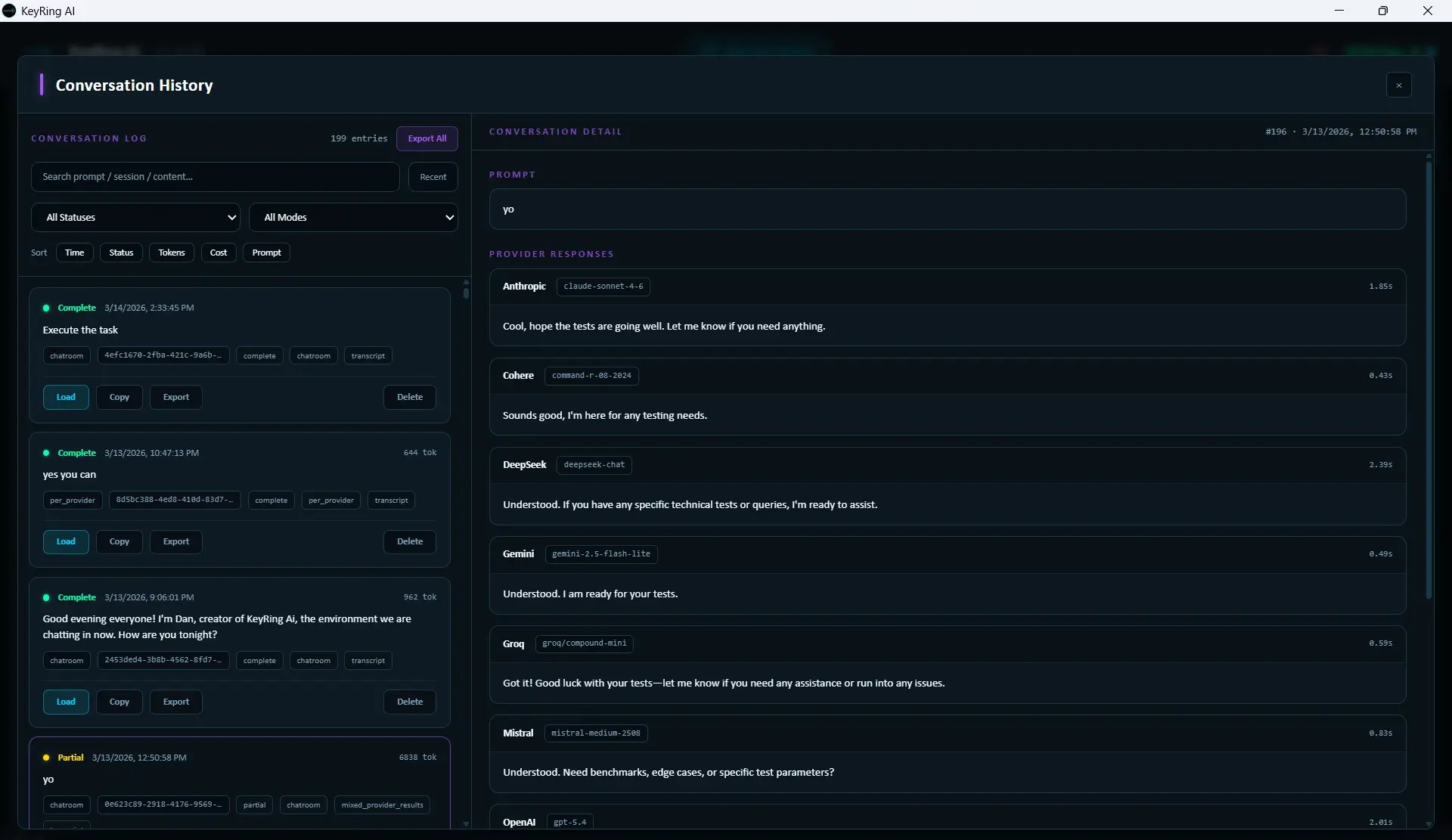 KeyRing AI conversation history view with search, reload, and export controls.