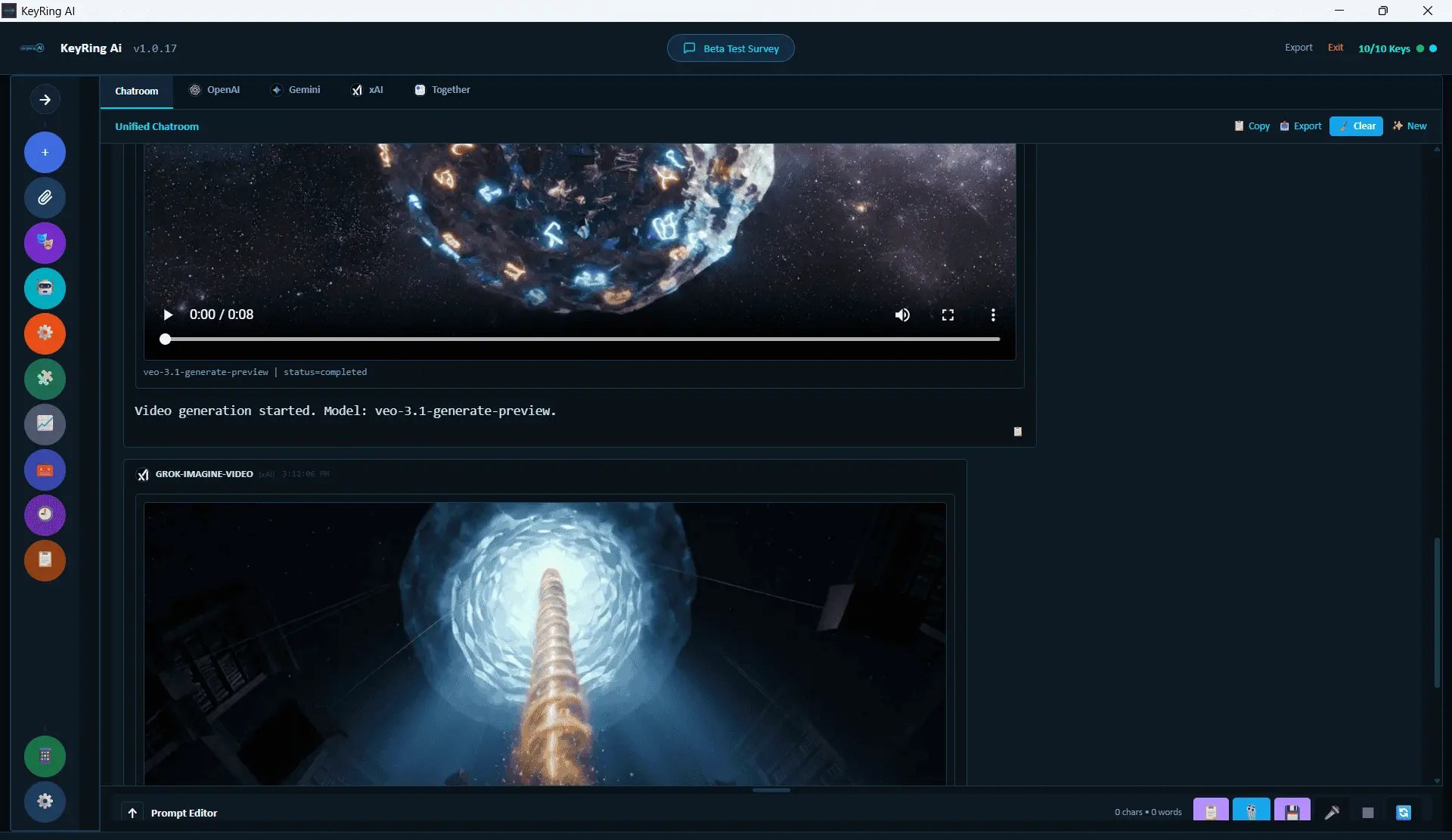 KeyRing AI chatroom showing generated video output from AI providers inside the timeline.