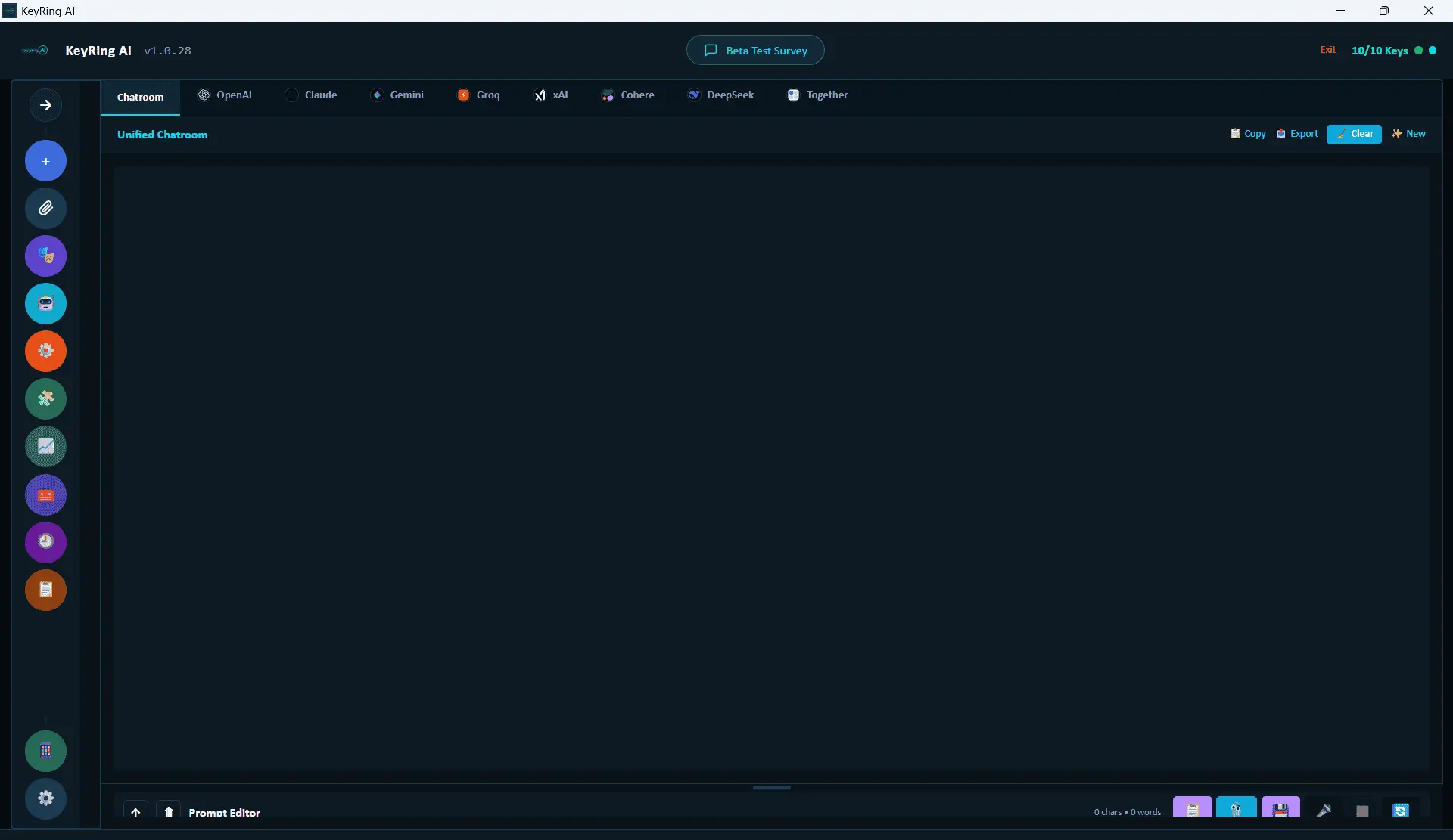 KeyRing AI workspace with collapsed navigation and a compact prompt editor layout.