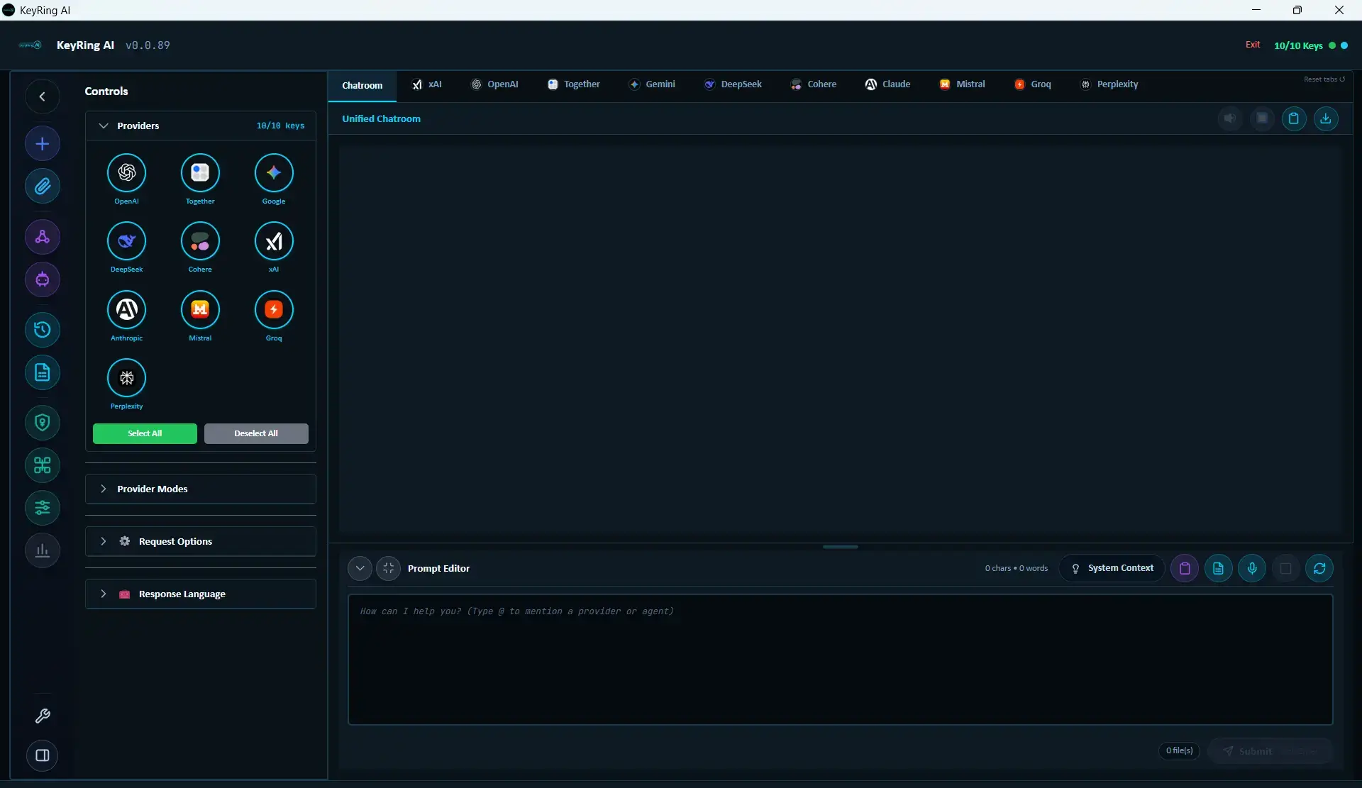 KeyRing AI workspace with the controls panel open and active provider tabs across the top.