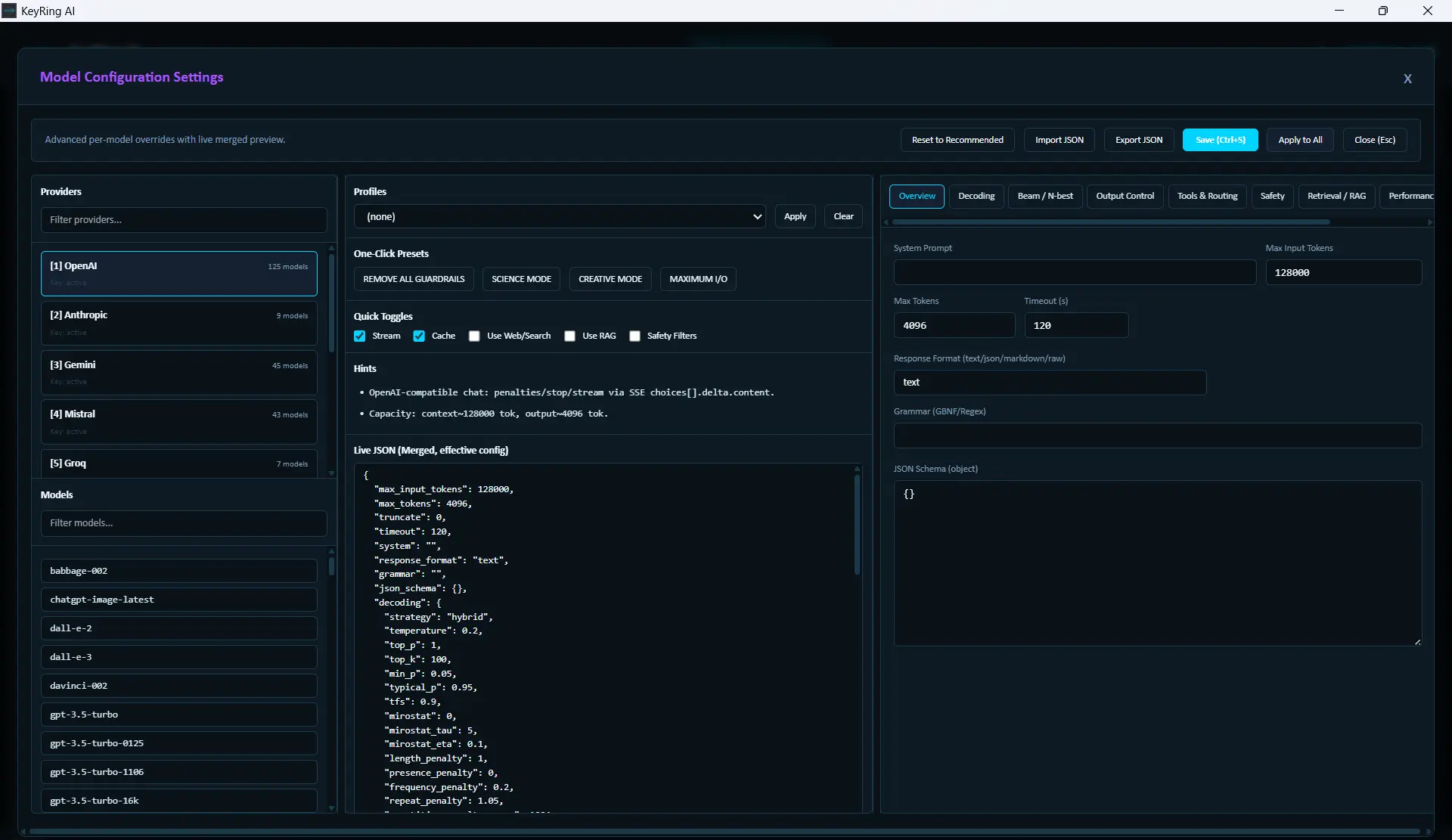 KeyRing AI model configuration settings with provider lists, profiles, and advanced controls.